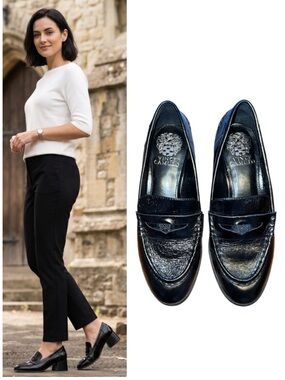Vince Camuto Black Leather Heeled Loafers Sz 7.5 style Carissla